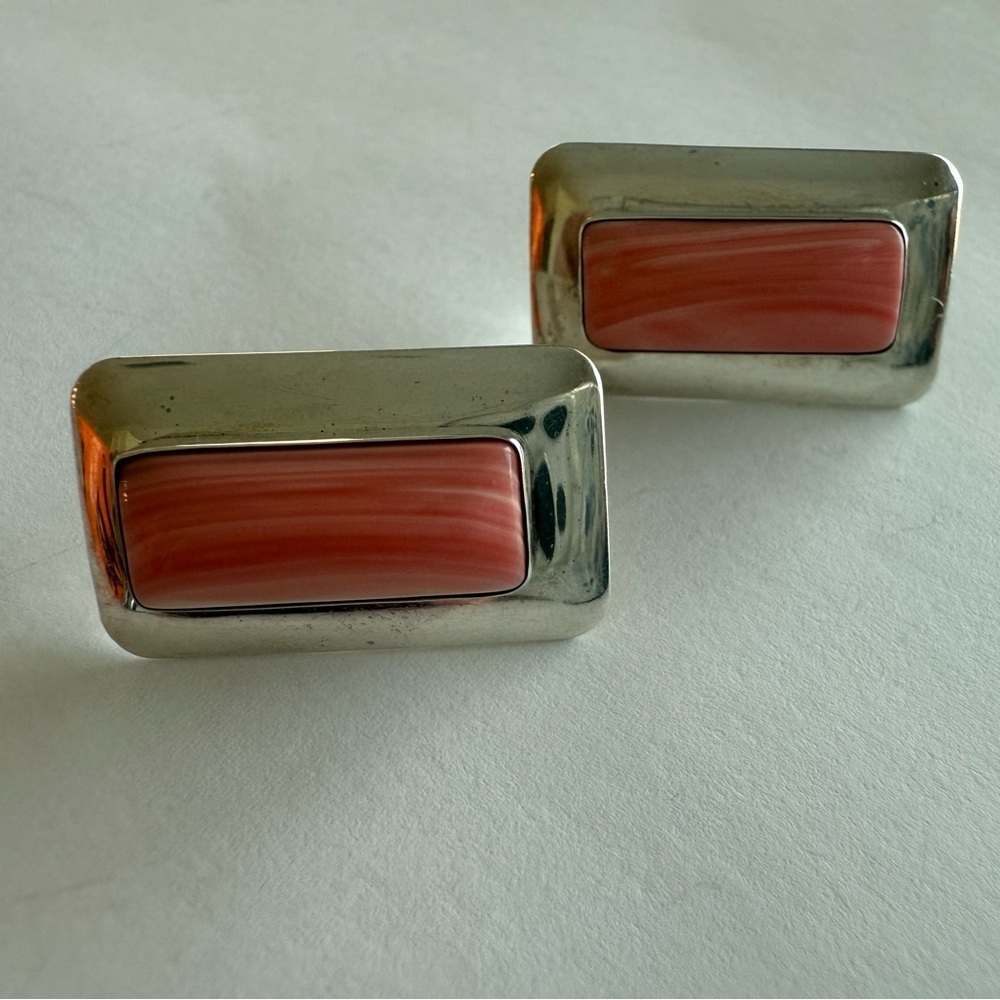 Vintage Sterling Silver Pink Coral Rectangular Stud Earrings – PS Hallmark - Picture 4 of 8